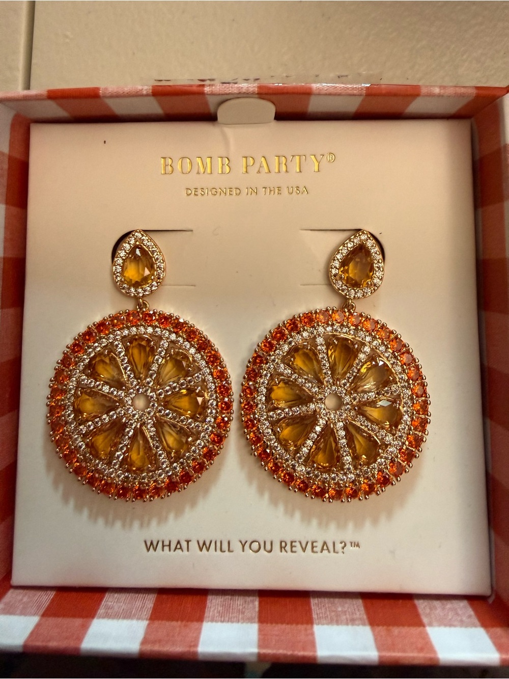 Bomb Party ‘“She’s Got a Zest For Sparkle’ market fresh Earrings in display box